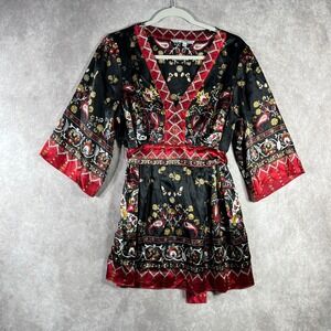 I.C.E. Kimono Top Womens Medium Black Satin Paisley Short Sleeve Tie Waist Artsy
